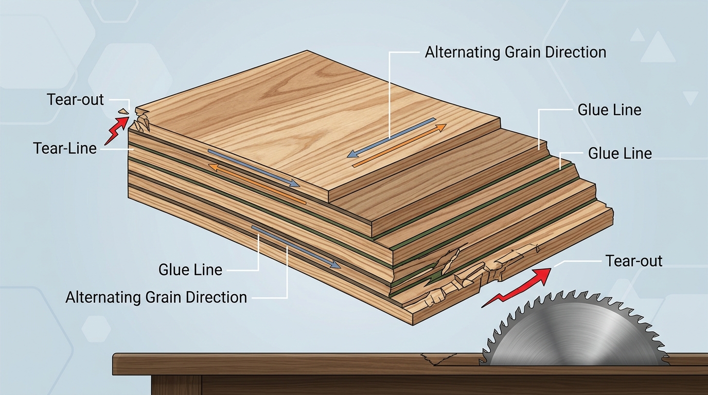 Plywood cross-section diagram showing alternating grain layers and glue lines that cause cutting tool wear and tear-out