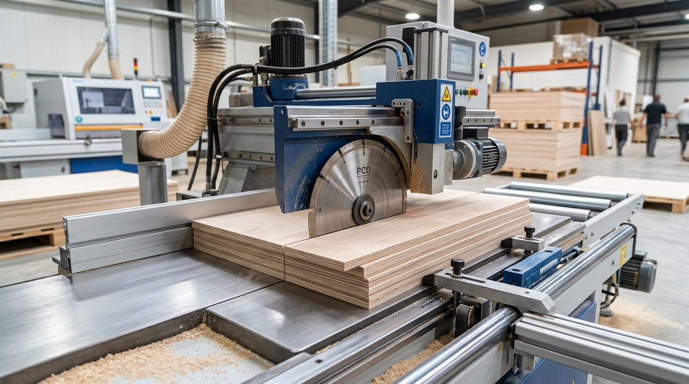 PCD diamond-tipped saw blade on CNC panel saw for industrial high-volume plywood cutting