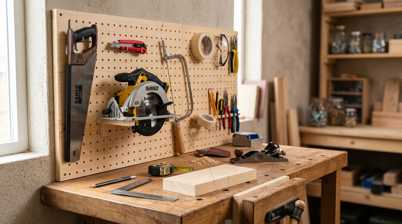 Essential woodworking cutting tools for beginners laid out on a clean workshop pegboard