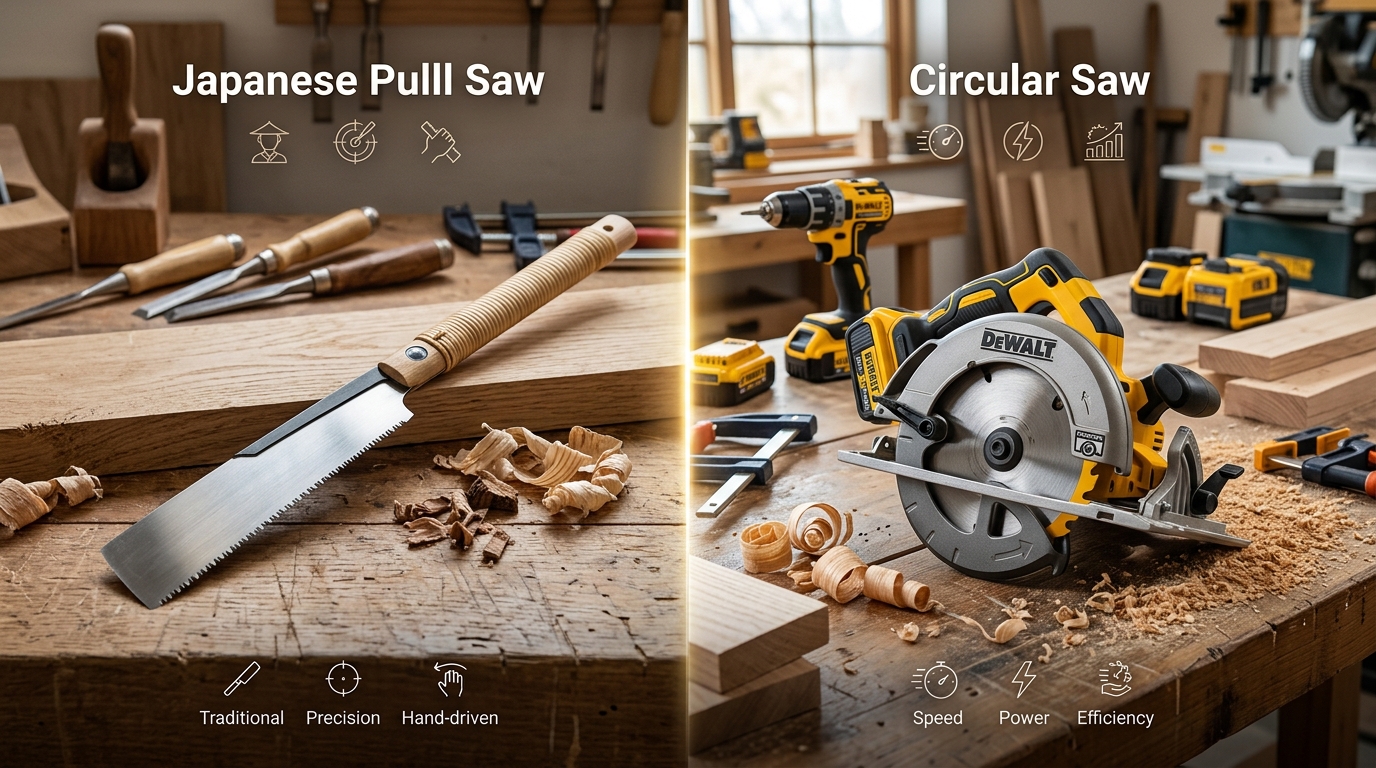 Hand saw and power saw side by side on a beginner woodworking bench