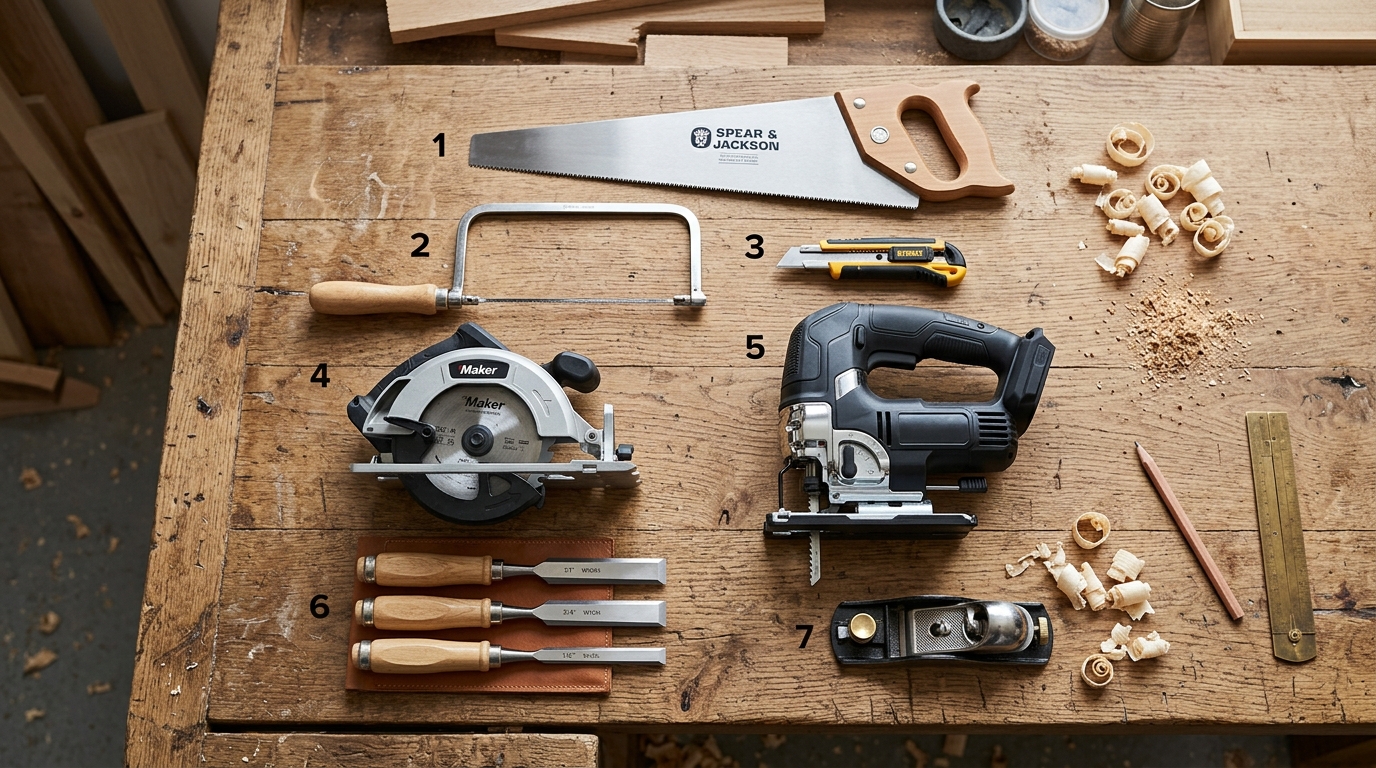 Seven must-have woodworking cutting tools for beginners laid out on a workbench