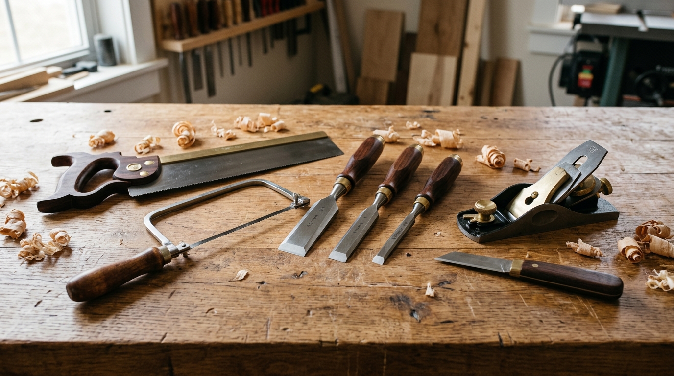 Hand cutting tools for beginner woodworkers including crosscut saw, coping saw, chisels, block plane, and utility knife on a workbench