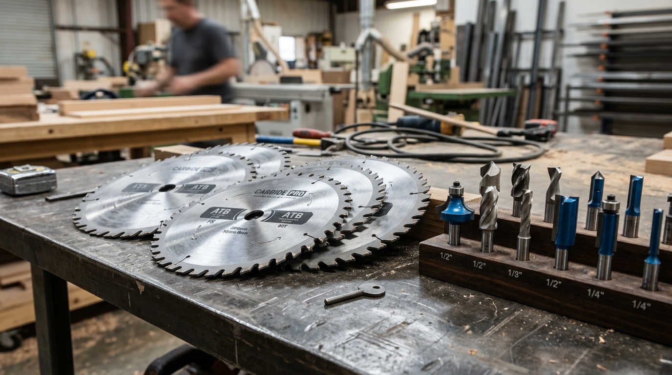 Industrial woodworking cutting tools including carbide saw blades and CNC router bits on a factory workbench