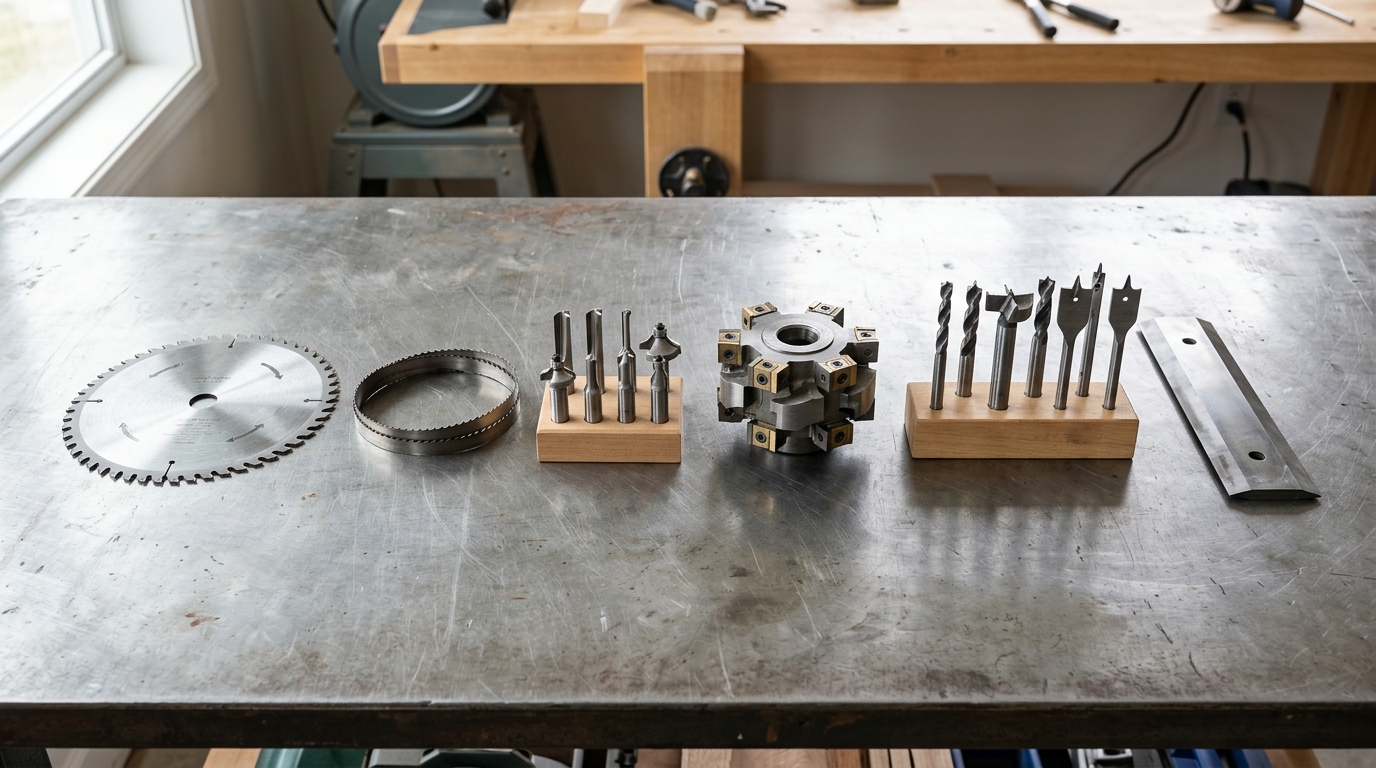 Main types of industrial woodworking cutting tools displayed side by side on a workbench