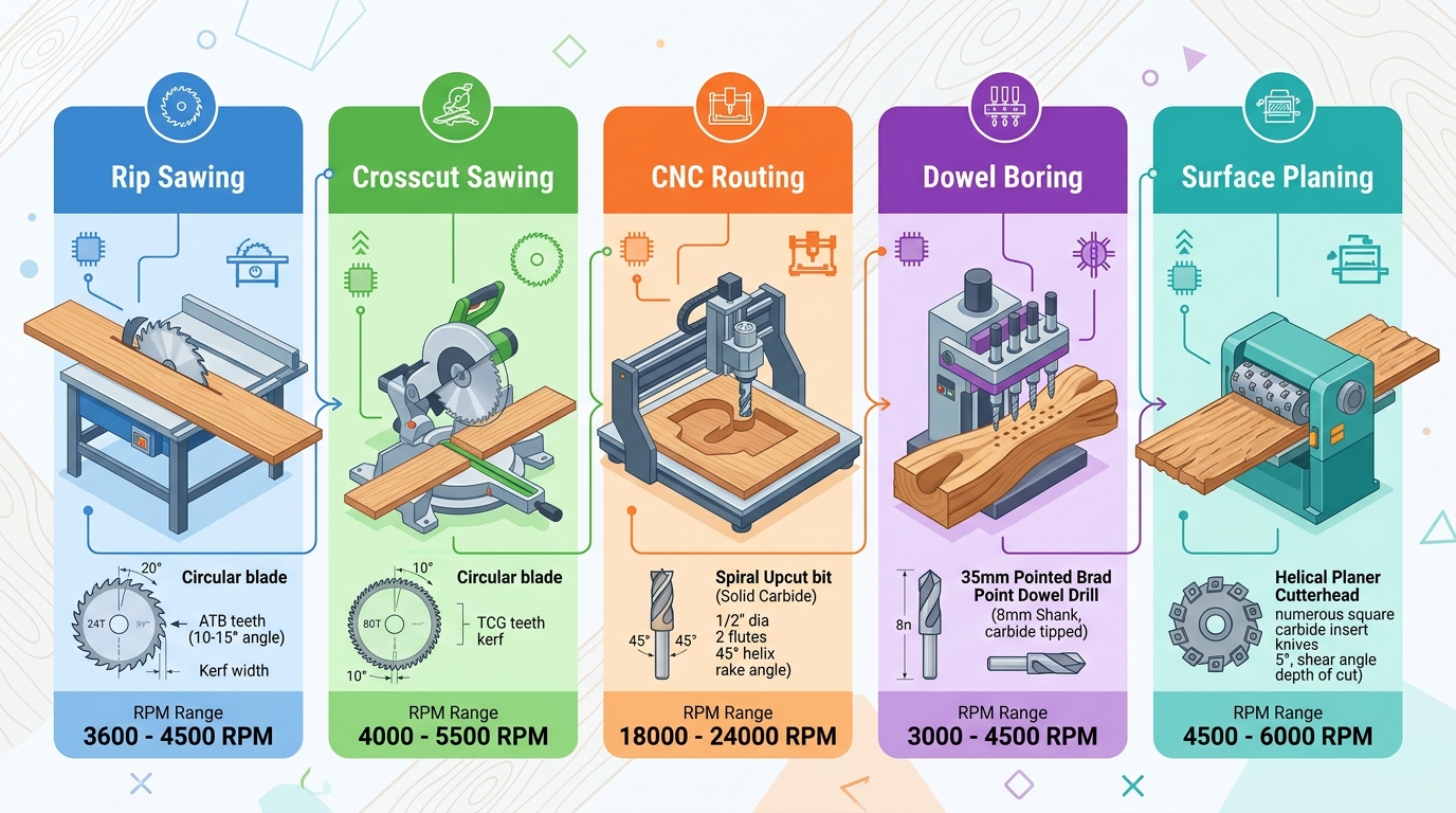Diagram matching industrial woodworking cutting tools to five machining processes with RPM and feed rate recommendations