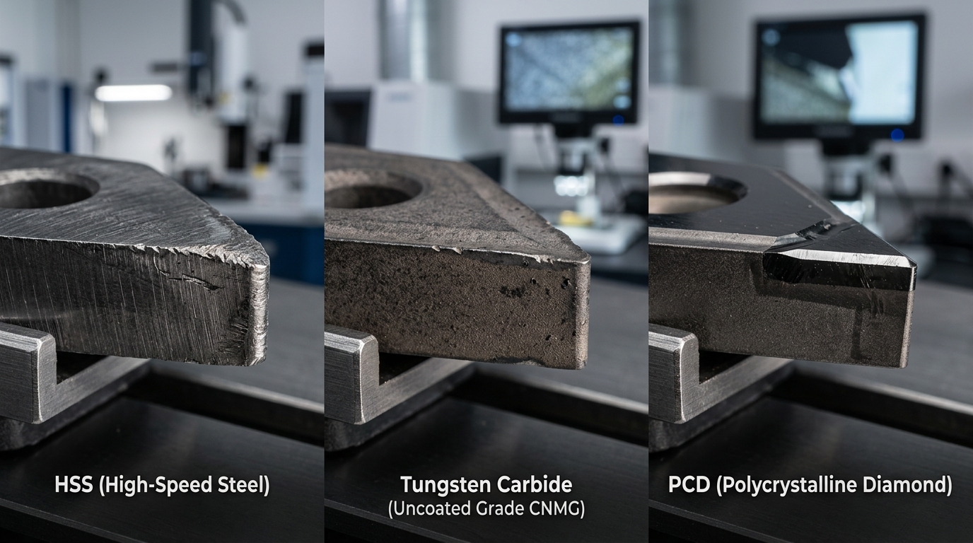 Close-up comparison of HSS, carbide, and PCD industrial woodworking cutting tool tips