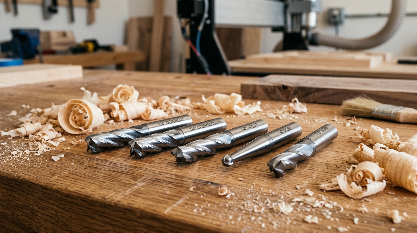 CNC woodworking cutting tools including spiral and compression router bits on a workbench
