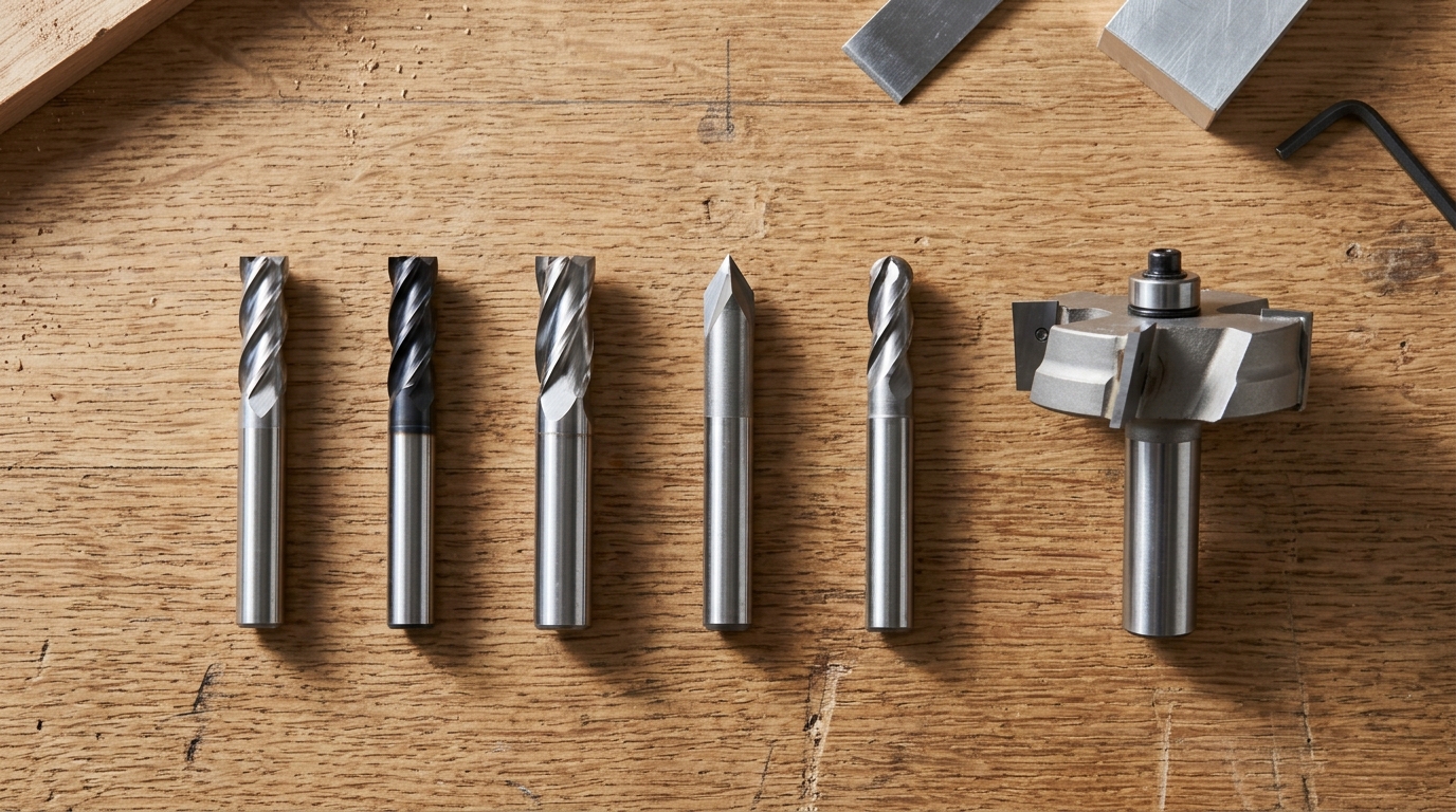 Different types of CNC woodworking cutting tools laid out on a workbench including spiral bits, V-bits, ball nose end mills, and surfacing cutters
