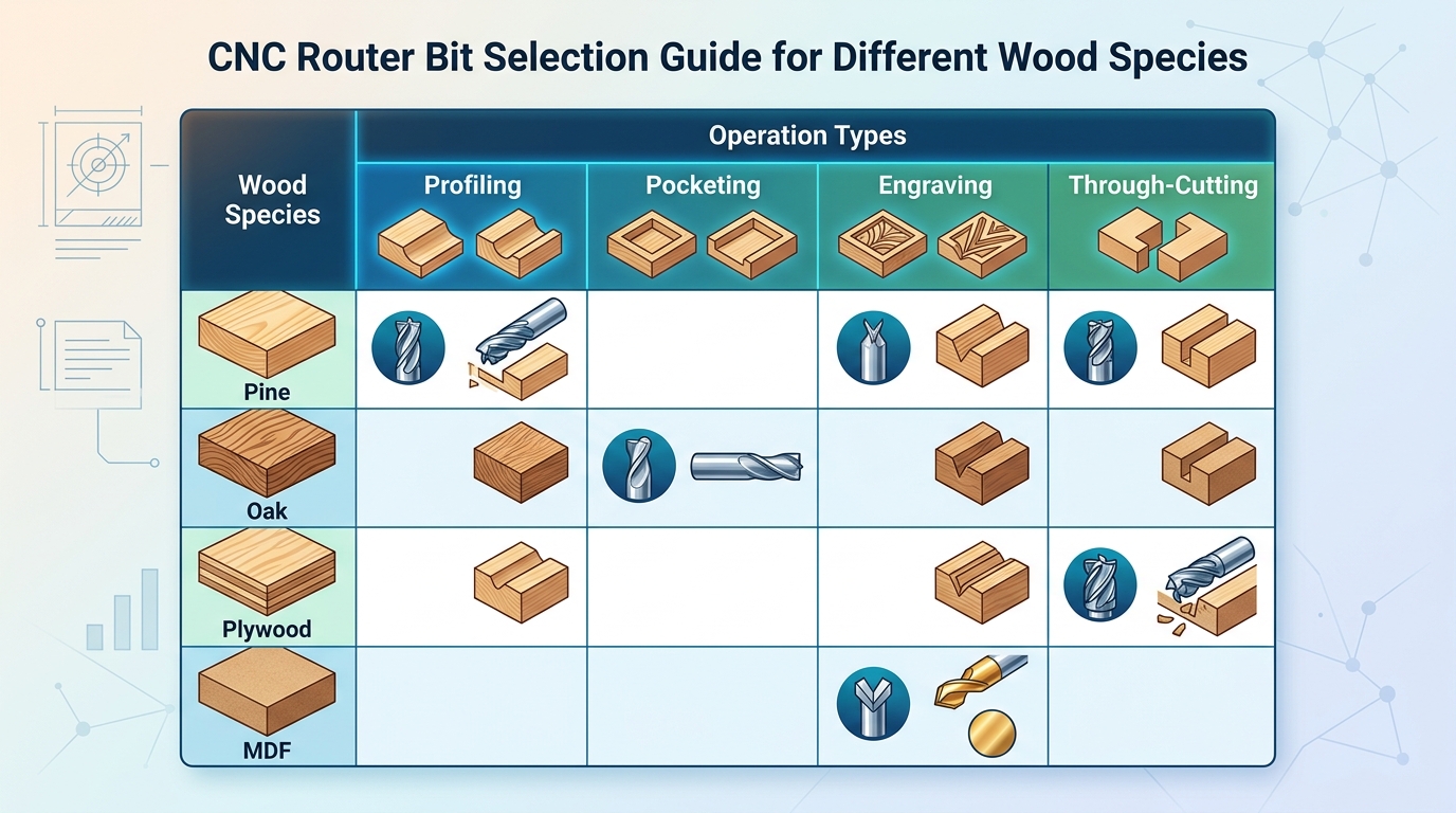 CNC woodworking cutting tools matched to wood species and cut types including softwood, hardwood, plywood, and MDF