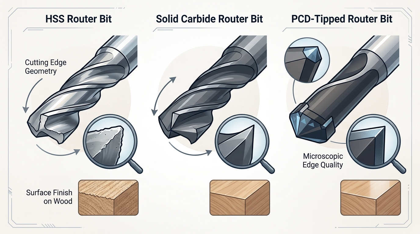 Comparison of HSS, solid carbide, and PCD CNC woodworking cutting tools side by side