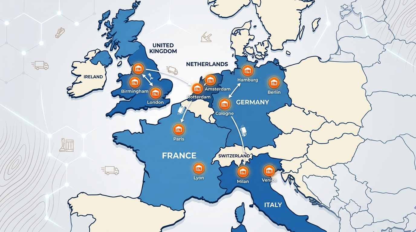 Map showing leading woodworking tools distributor locations across Western Europe