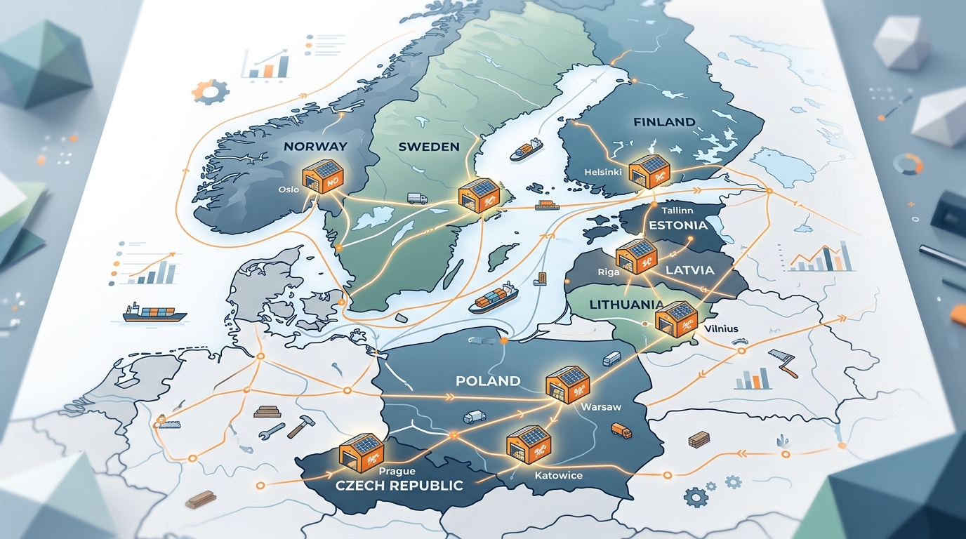Distribution hubs for woodworking tools across Northern and Eastern Europe including Scandinavia, Poland, Czech Republic, and Baltic states