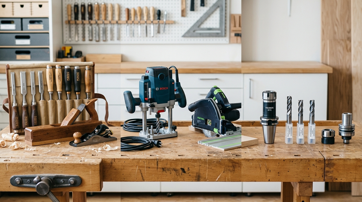 Hand tools, power tools, and CNC cutting components compared side by side for European woodworking distributors