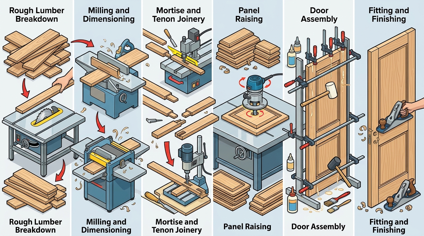 Wood door making process stages highlighting where cutting tools are used from lumber breakdown to final fitting