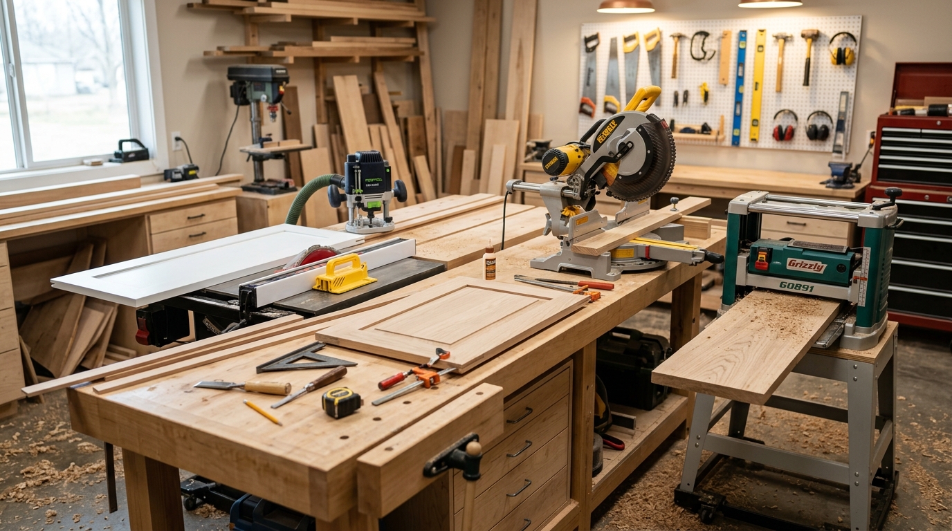 Essential power cutting tools for door making including table saw, miter saw, router, and planer