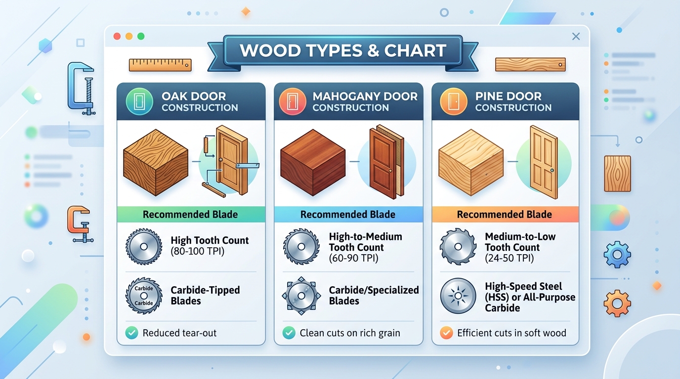 Blade tooth count and material recommendations for oak mahogany and pine door making