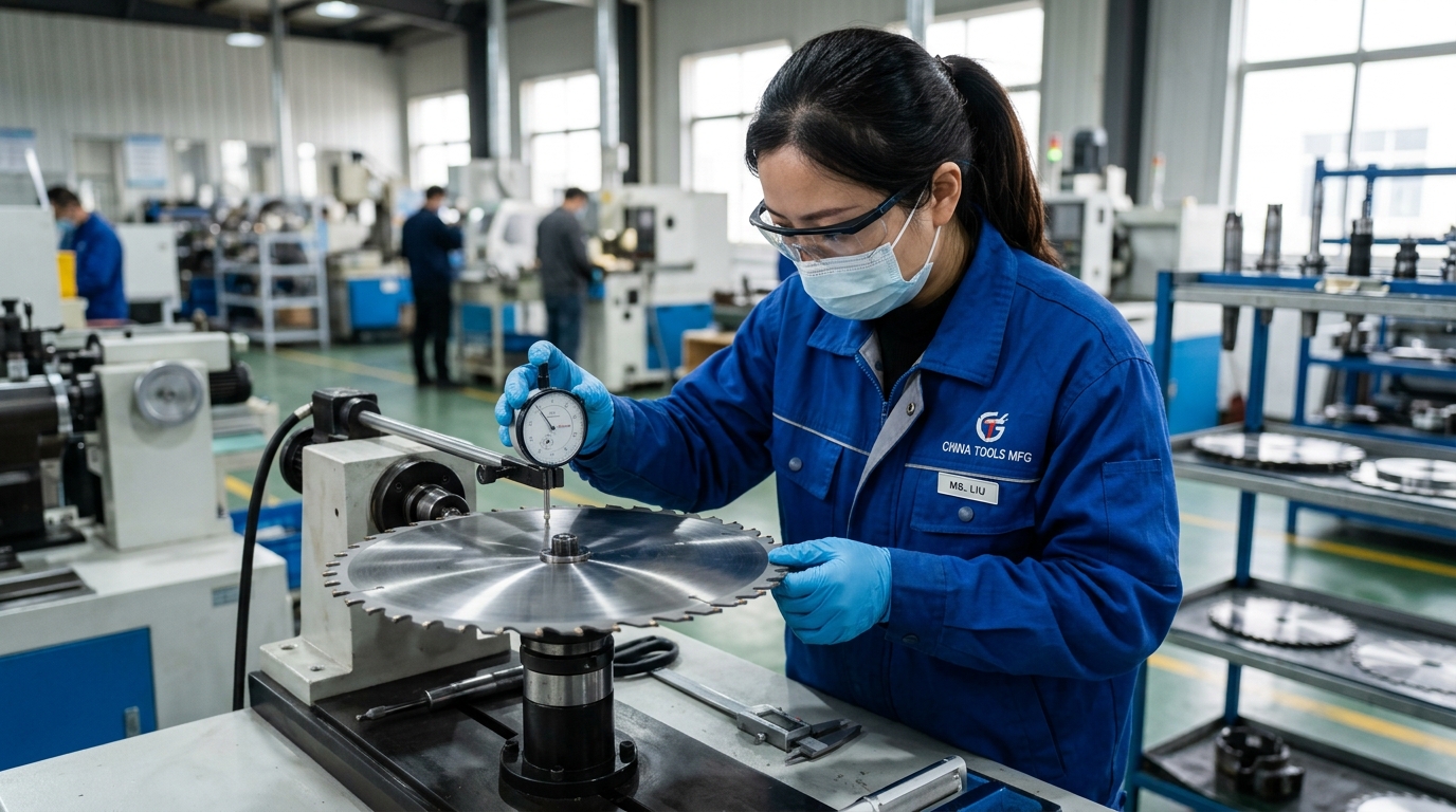 Quality control inspection of woodworking saw blade at China manufacturing facility