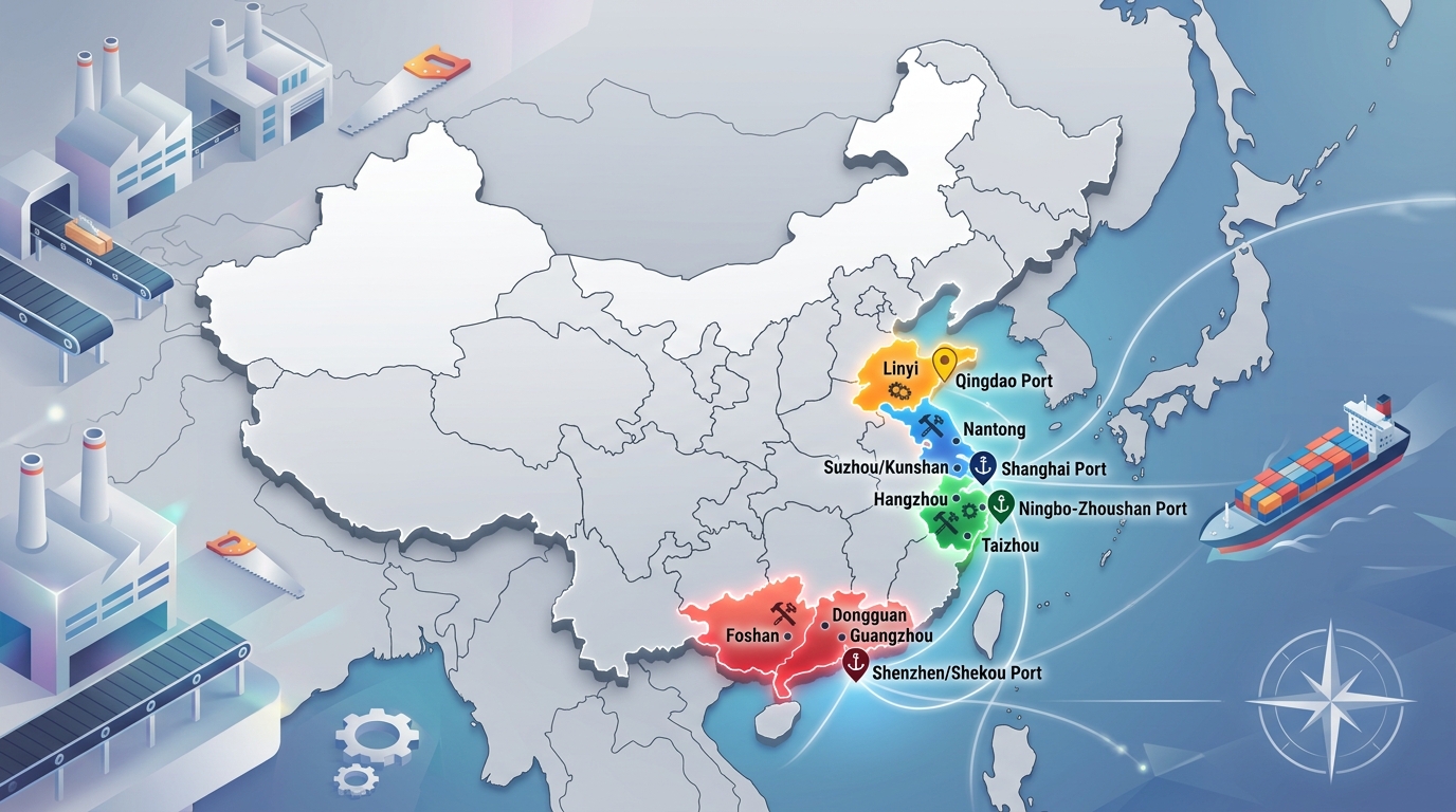 Map of top woodworking tool manufacturing regions in China including Zhejiang Guangdong Shandong and Jiangsu