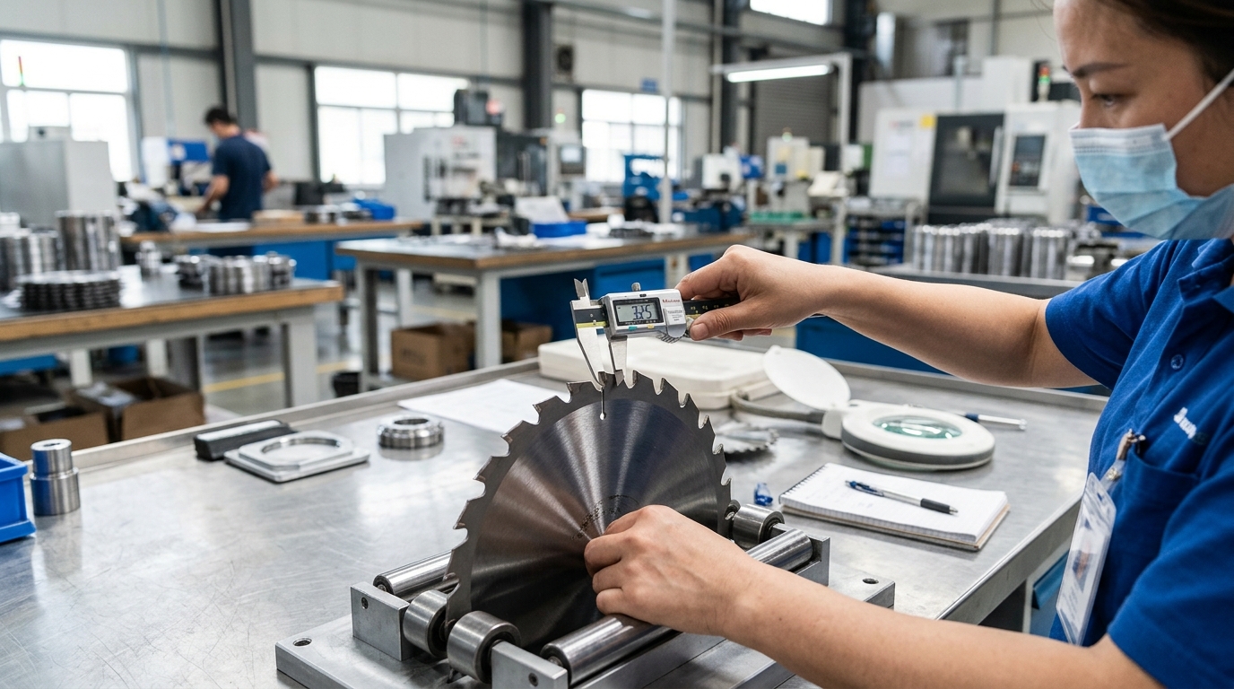 Quality control inspection of woodworking tool certifications at a China manufacturing facility