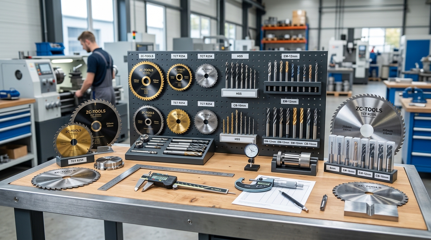 ZC-TOOLS woodworking tool brand product lineup including saw blades drill bits and CNC end mills