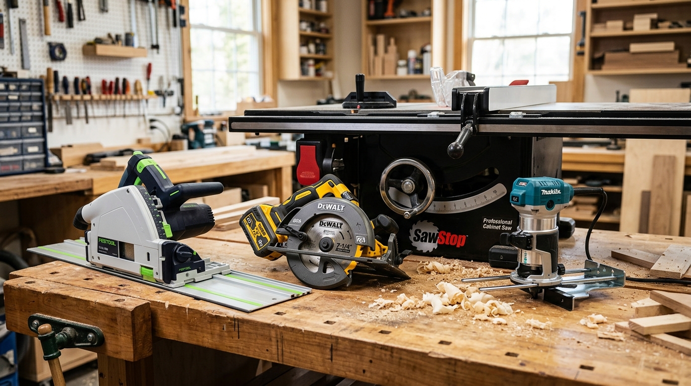 top woodworking tool brands 2026 professional power tools from Festool DeWalt Makita and SawStop
