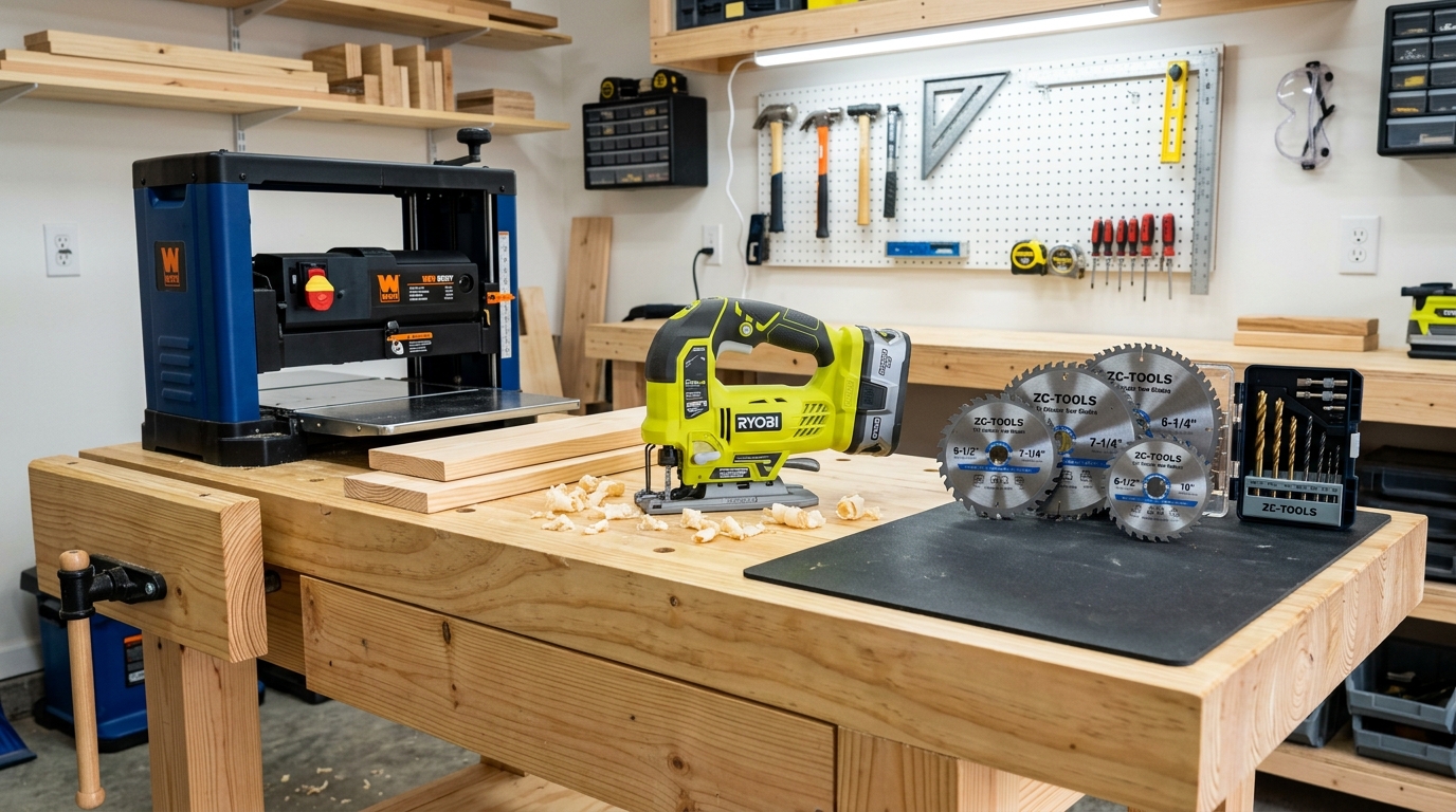 Budget-friendly top woodworking tool brands 2026 starter workshop setup with Ryobi, WEN, and ZC-TOOLS