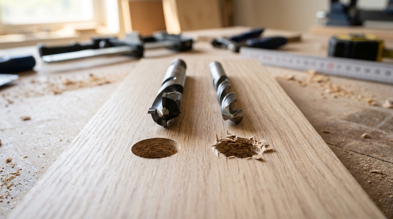 Boring bits for woodworking machines compared to standard twist drill showing hole quality difference in particleboard