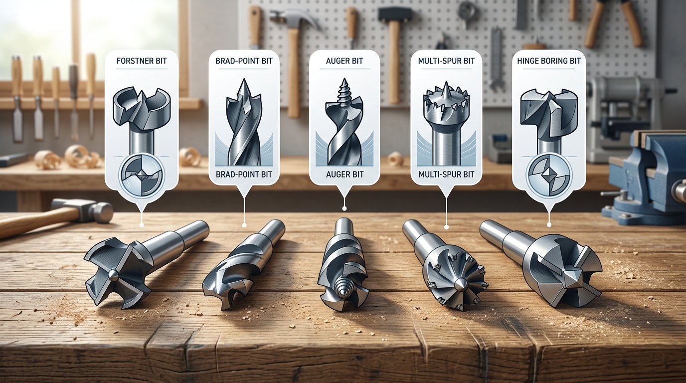 Main types of boring bits for woodworking machines including Forstner, brad-point, auger, multi-spur, and hinge boring bits