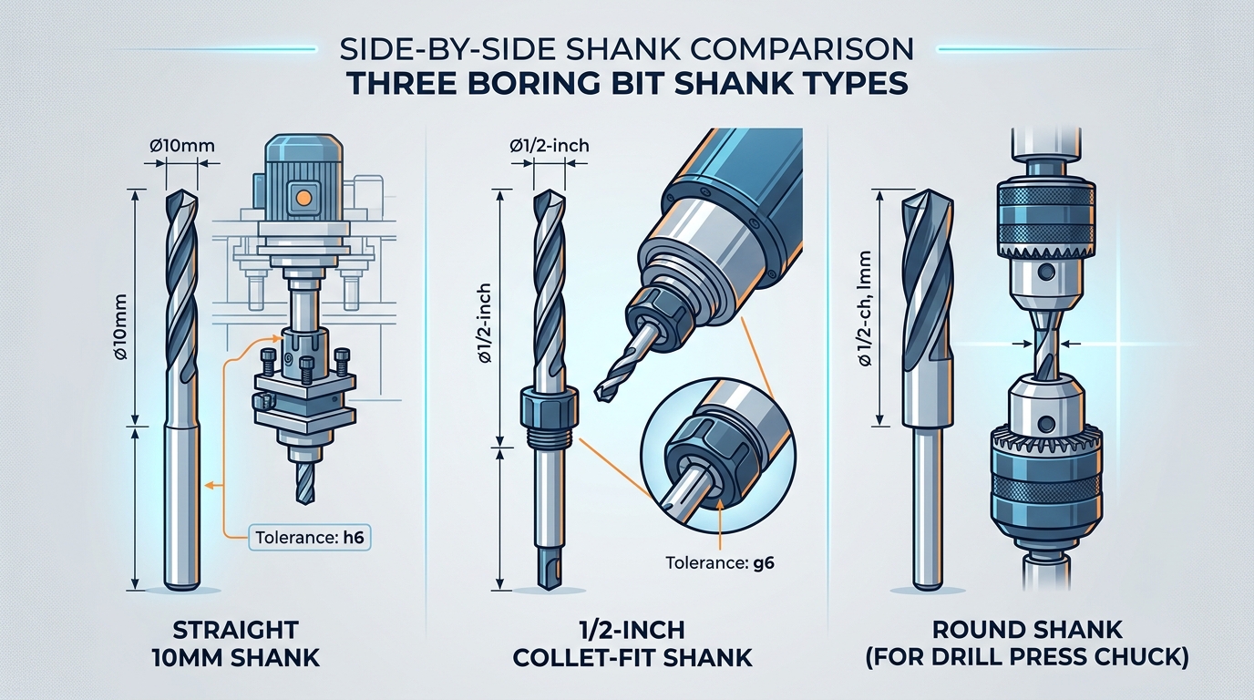 Boring bits for woodworking machines with different shank types for CNC routers, line borers, and drill presses
