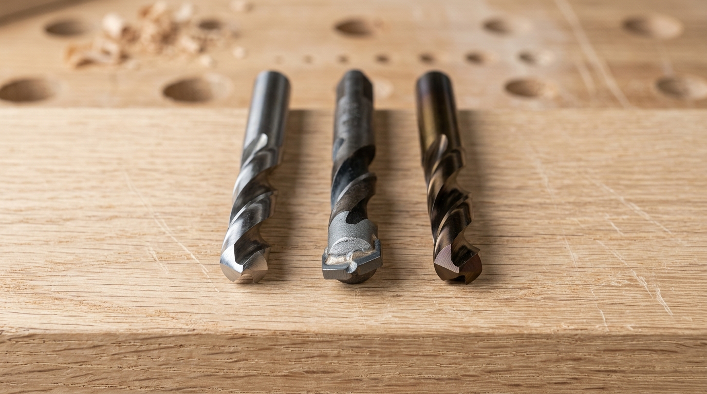 HSS carbide-tipped and TiAlN coated boring bits for woodworking machines compared side by side