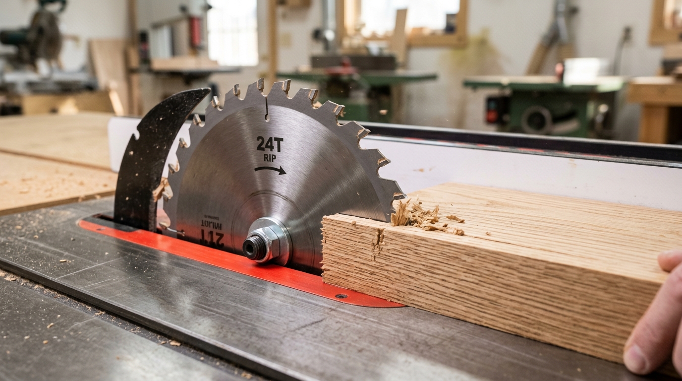 Rip saw blade with flat-top grind teeth and wide gullets showing the difference between rip and crosscut saw blade design
