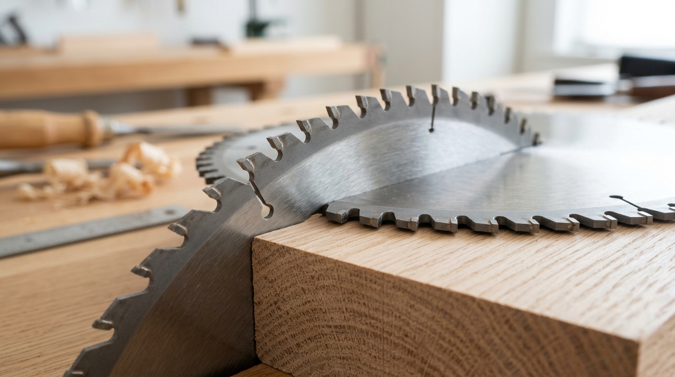 crosscut saw blade with ATB tooth geometry showing clean cut across wood grain