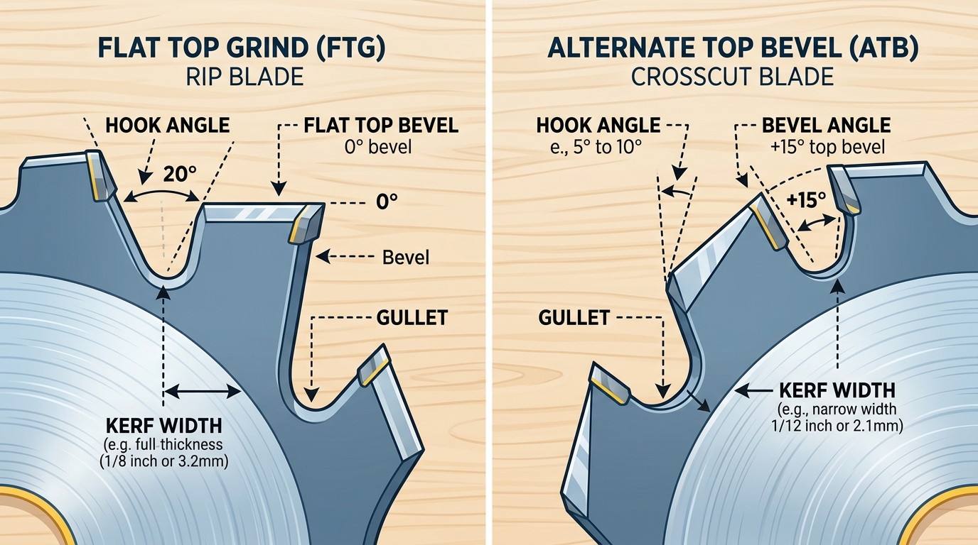 Tooth geometry comparison showing the difference between rip and crosscut saw blade designs including FTG and ATB grind profiles