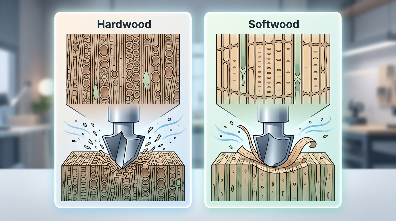 Hardwood vs softwood cell structure comparison showing why router bits behave differently in each wood type