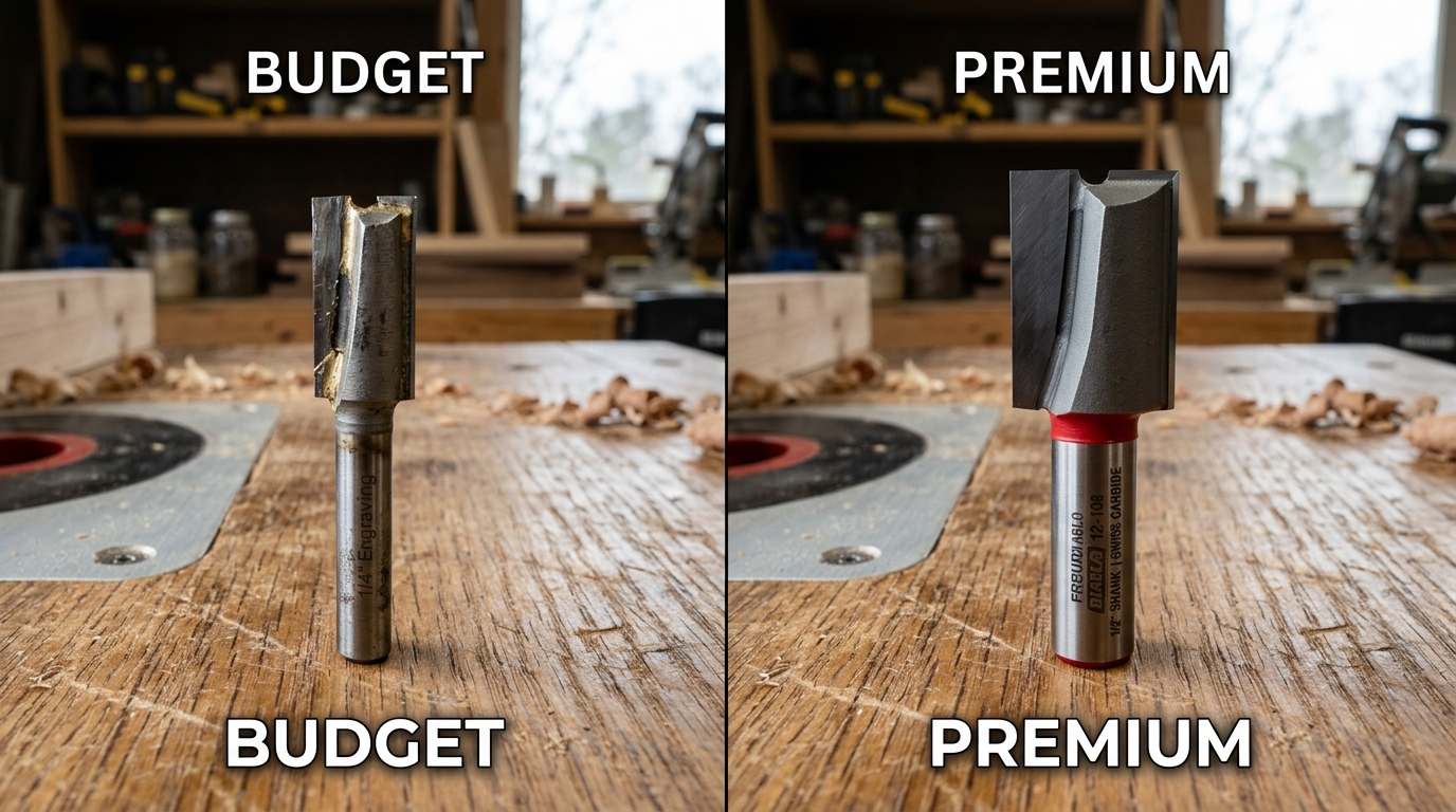 cheap router bits vs expensive router bits side by side comparison on workbench
