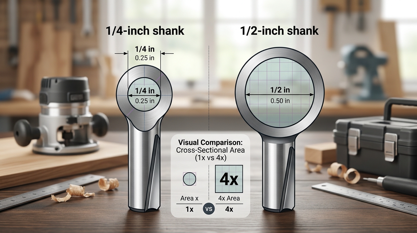 1/4 vs 1/2 shank router bit cross-sectional area comparison showing physical size difference