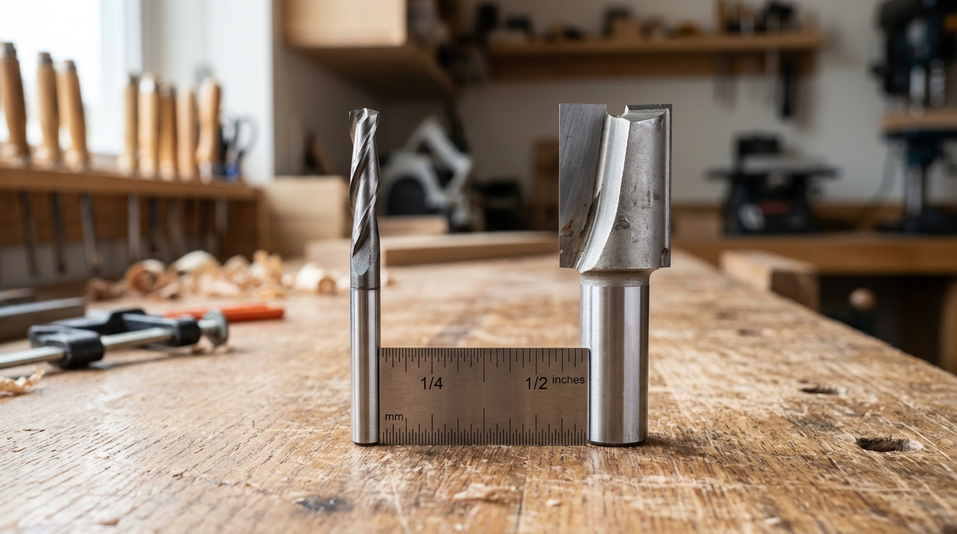 1/4 inch vs 1/2 inch shank router bits side by side comparison showing diameter difference