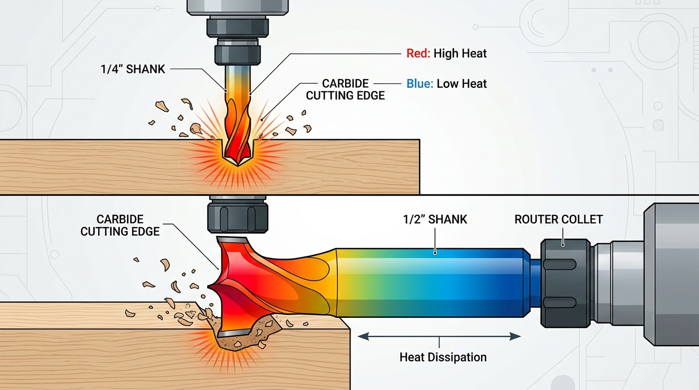 Heat dissipation comparison between 1/4 and 1/2 inch shank router bits showing thermal gradient difference