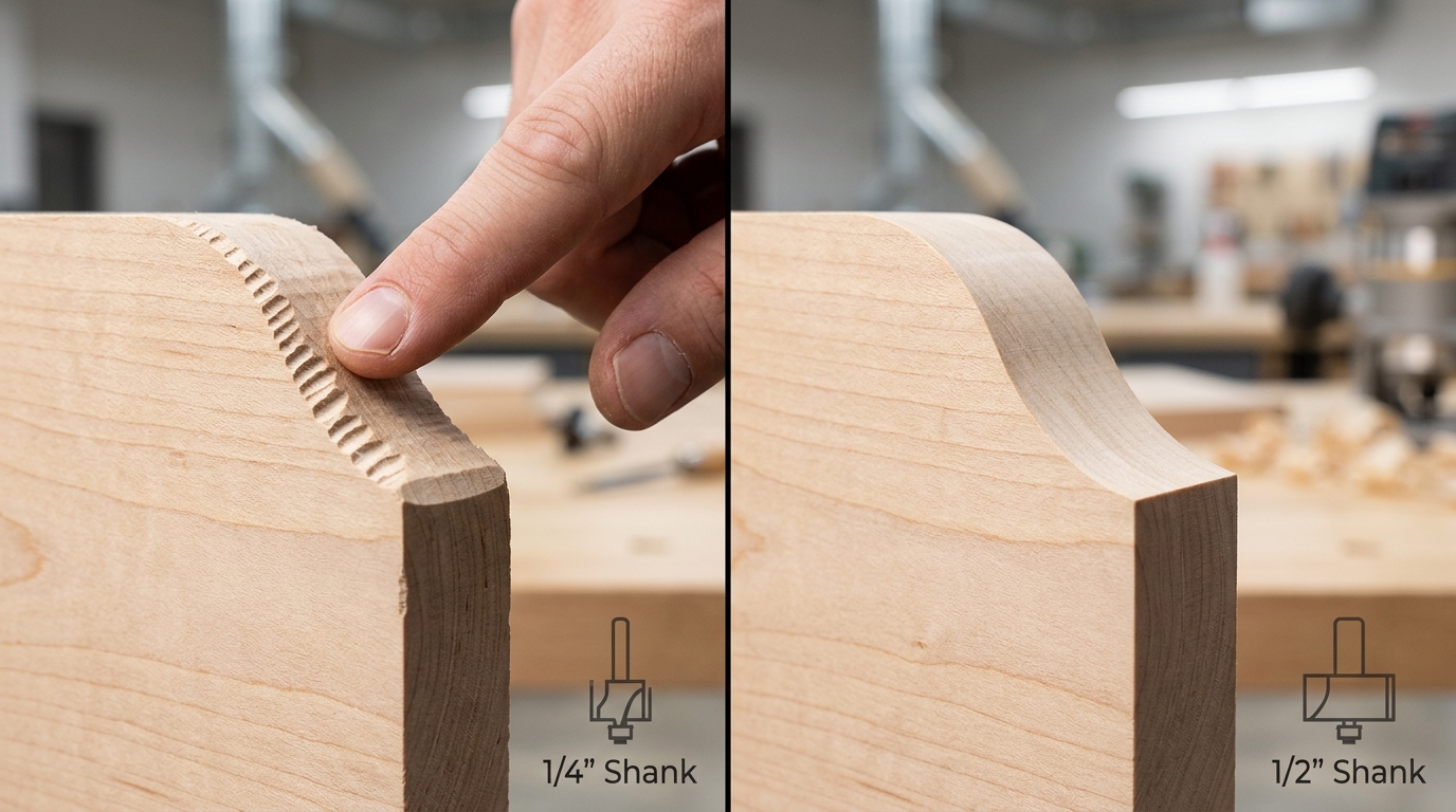 Chatter marks from 1/4 shank vs clean cut from 1/2 shank router bit on hard maple edge
