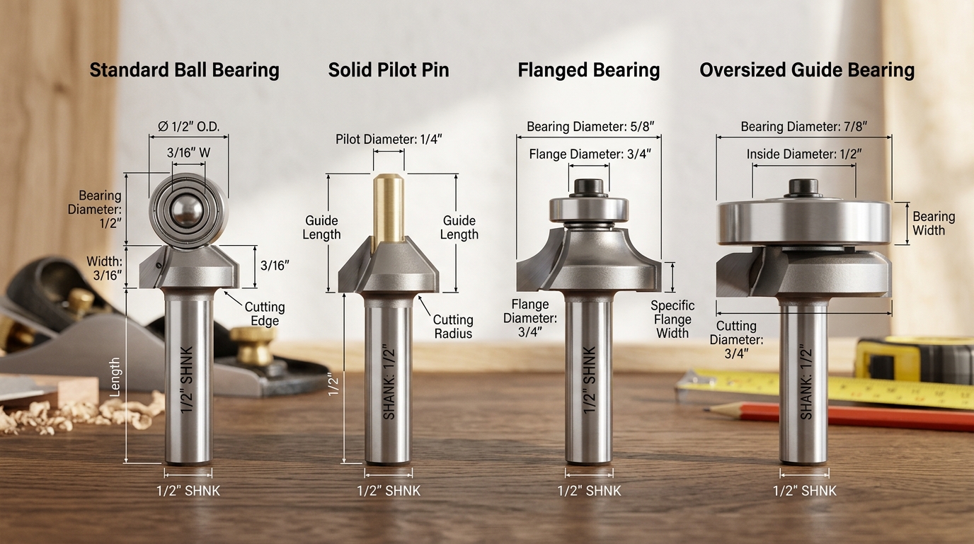 Four common router bit bearing types by design including ball bearing pilot, solid pin, flanged bearing, and guide bearing