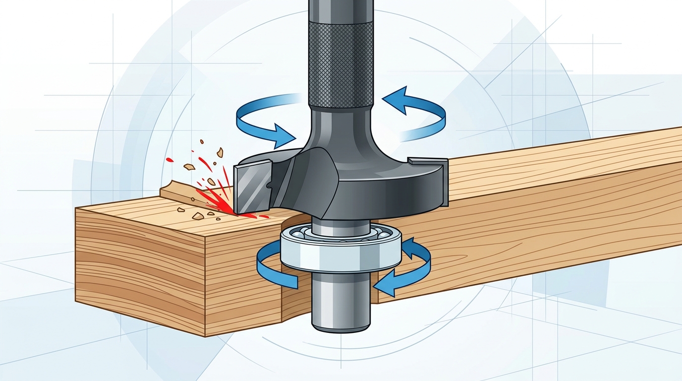 Router bit bearing guide spinning independently from cutter body along workpiece edge