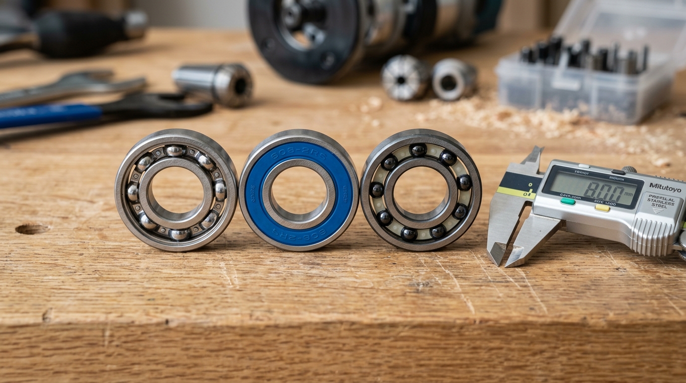 Router bit bearing materials compared — standard steel, sealed steel, and ceramic hybrid bearings side by side