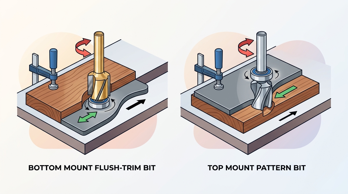 Top-mount vs bottom-mount router bit bearing positions diagram showing template placement for each type