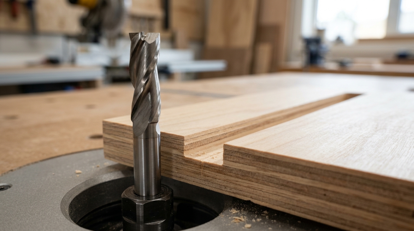 2-flute spiral upcut router bit next to clean-cut plywood edge demonstrating balanced chip clearance and finish quality