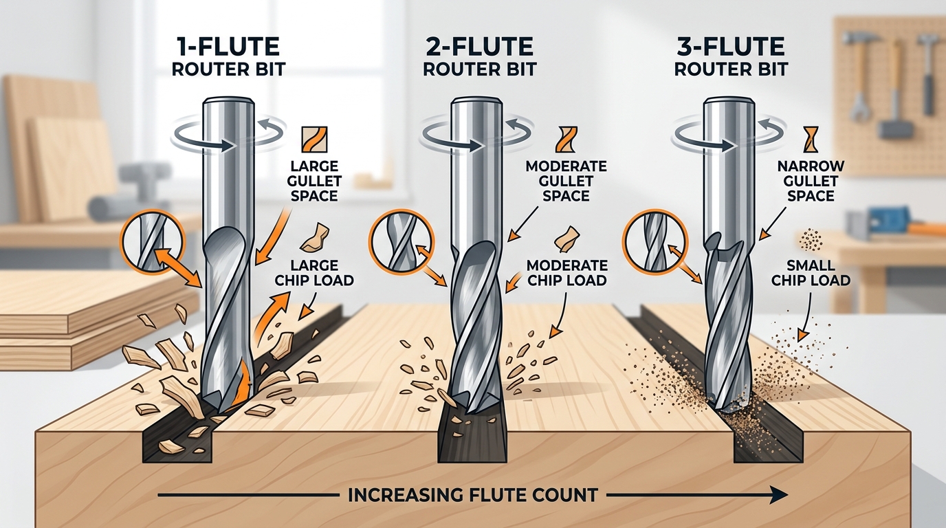 Router bit flute count 1 vs 2 vs 3 chip load and gullet space comparison diagram