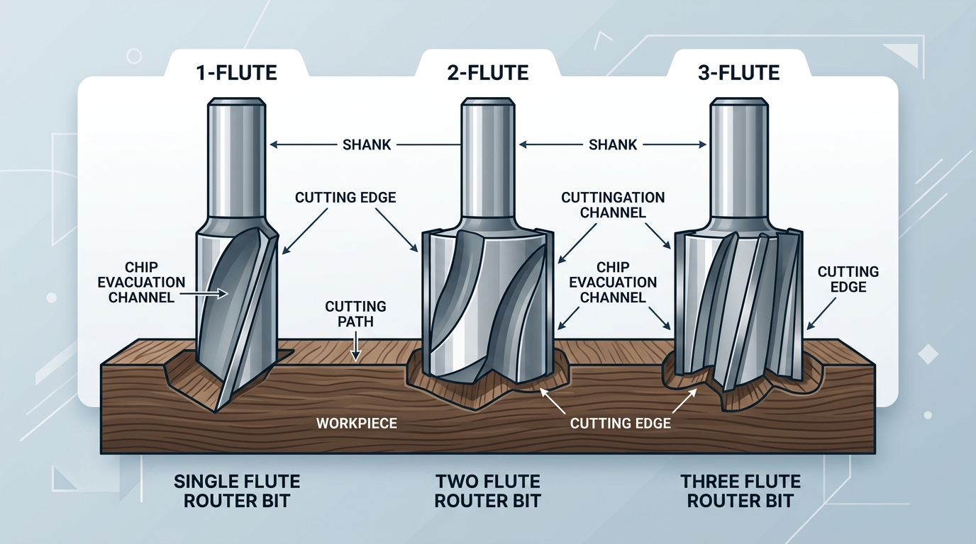 Router bit flute count comparison showing 1 vs 2 vs 3 flute cross-section geometry