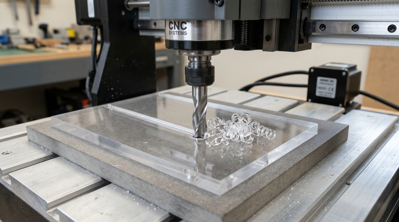 Single-flute router bit with large chip clearance gullet cutting acrylic on a CNC router