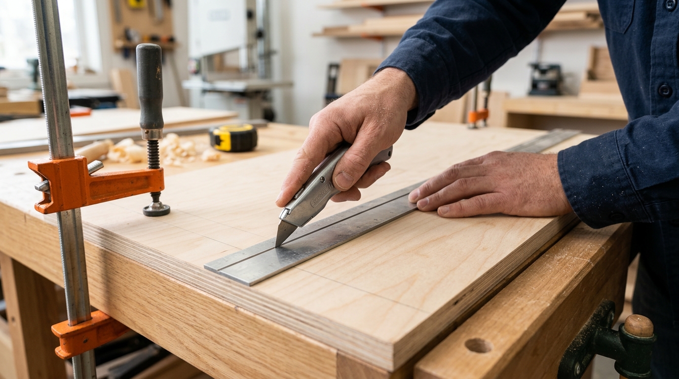 Scoring plywood cut line with utility knife and straightedge to reduce chipping