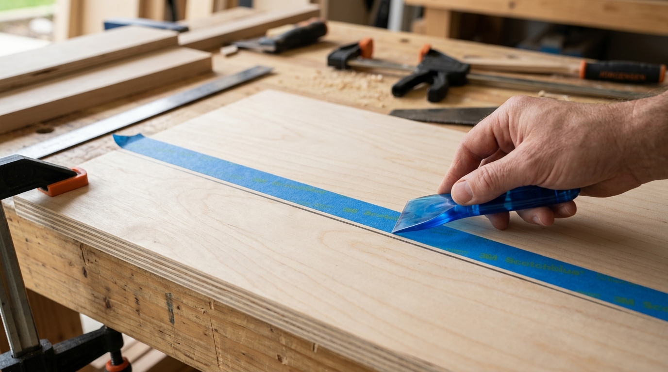 Applying blue painter's tape along cut line to reduce chipping when cutting plywood