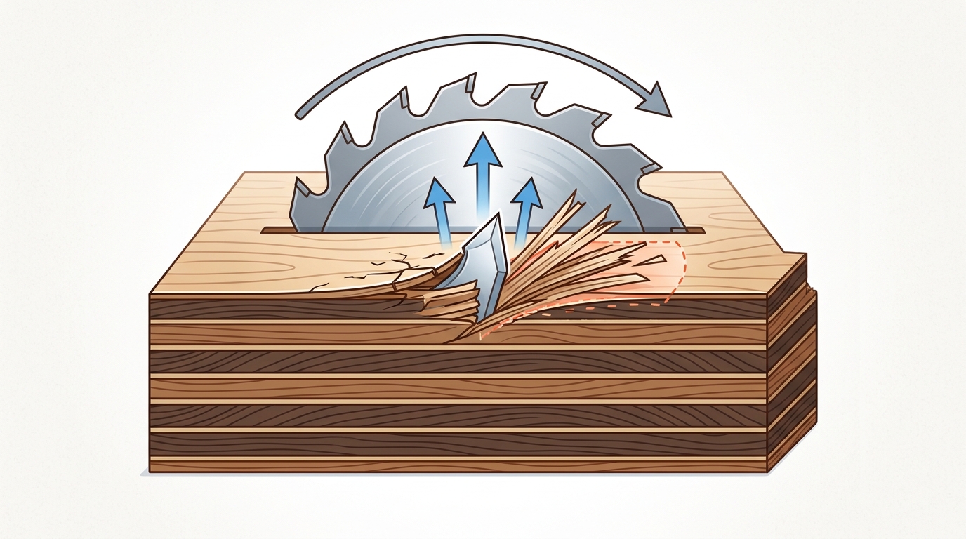 Diagram showing how saw blade tooth action causes chipping when cutting plywood veneer
